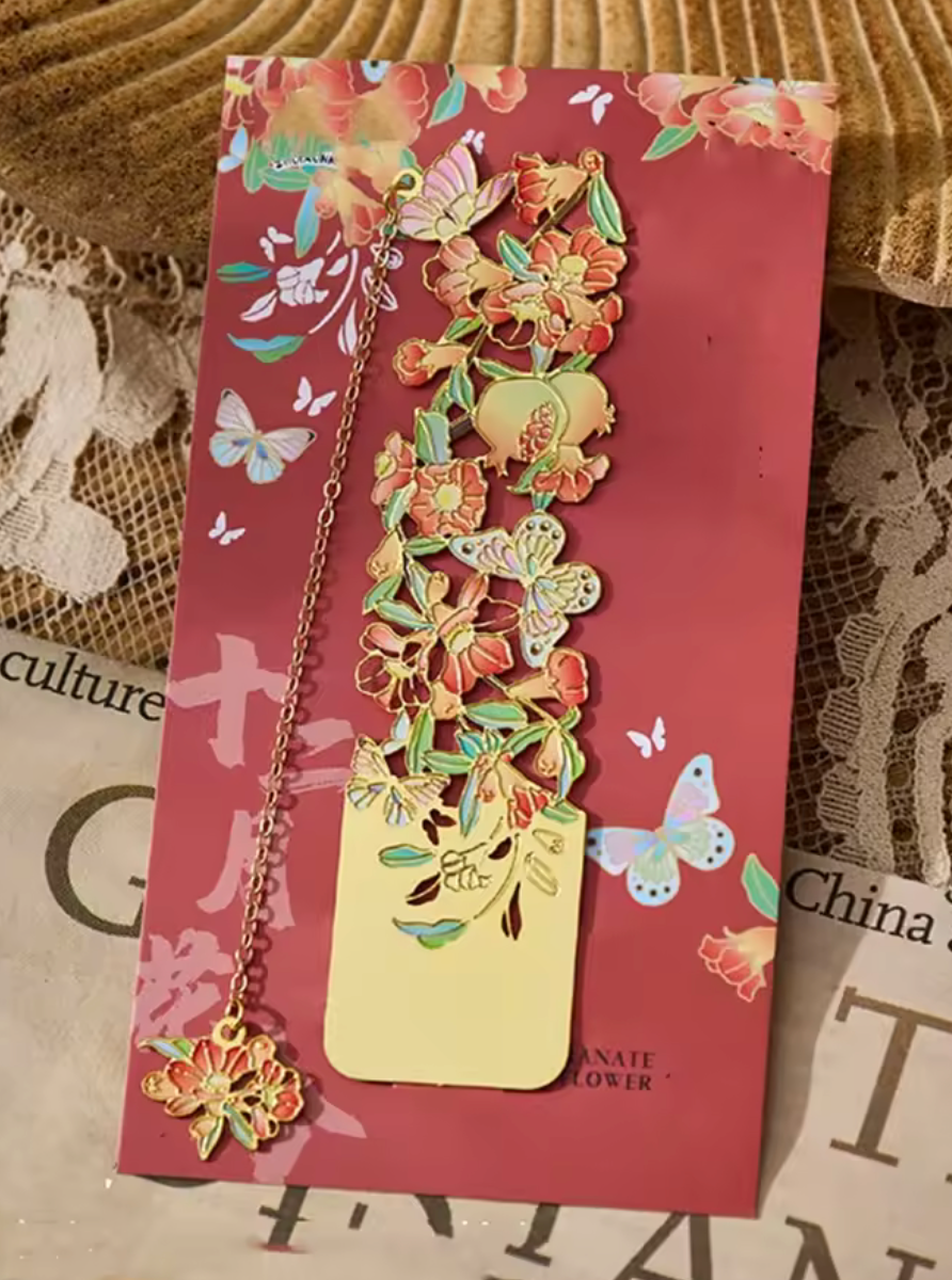 🌺 Separador libro de metal flor granada mariposas 🦋