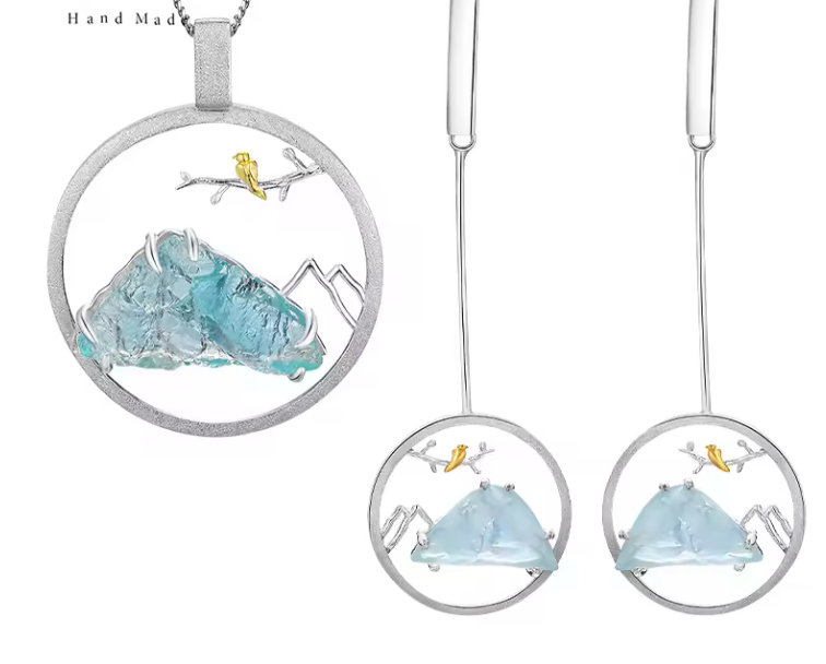 🏔️✨ Set de Joyería en Plata con Gema Natural Aguamarina ✨🐦