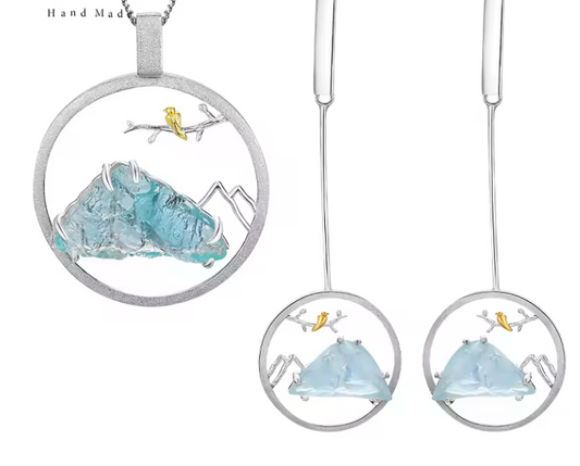 🏔️✨ Set de Joyería en Plata con Gema Natural Aguamarina ✨🐦