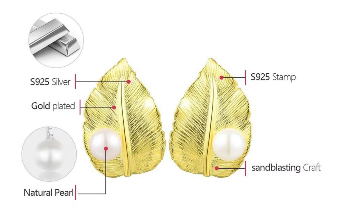 🍃✨ Pendientes de Hoja con Perla en Plata de Ley bañado en Oro ✨🌿