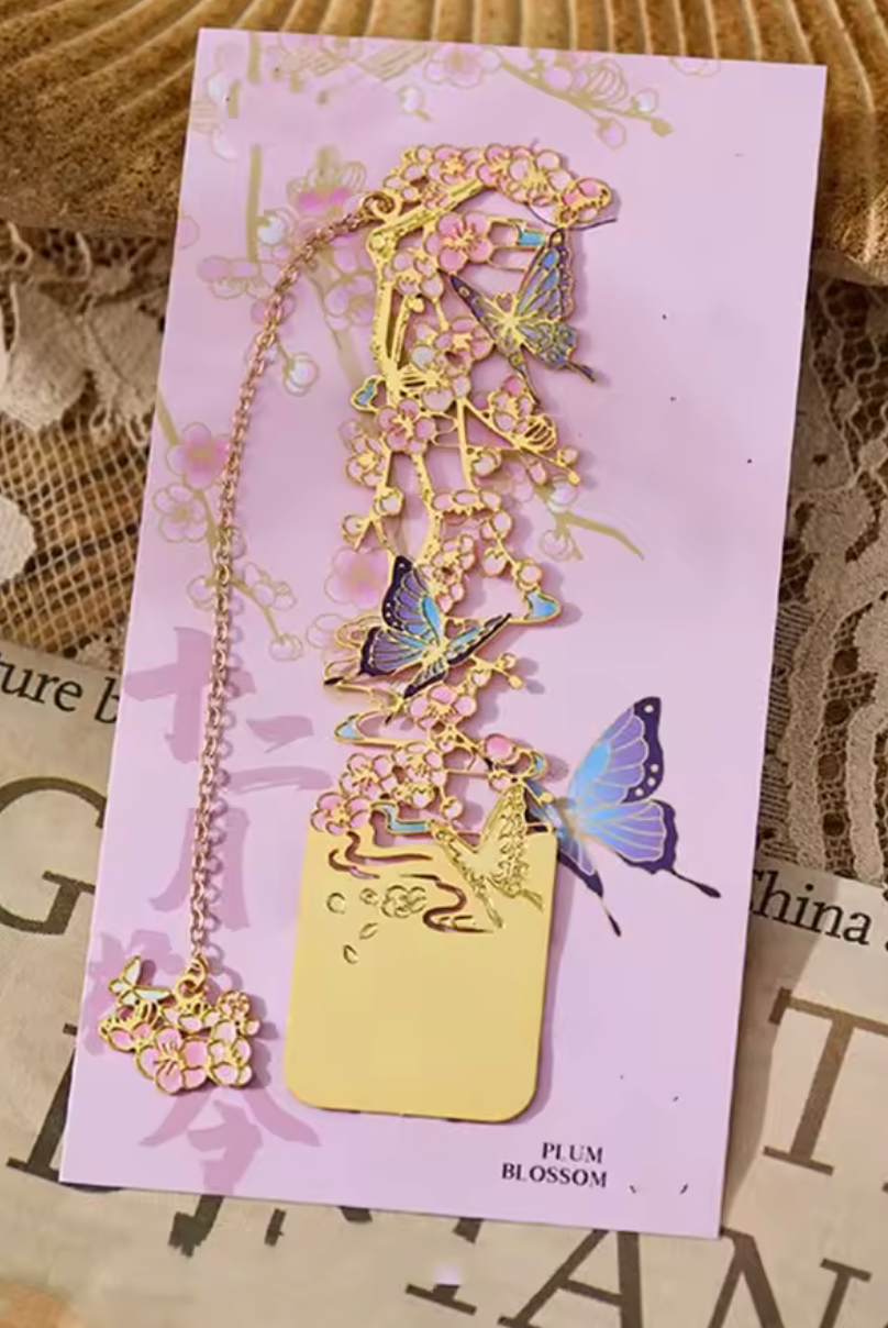 🌺 Separador libro de metal flores ciruelo mariposas 🦋